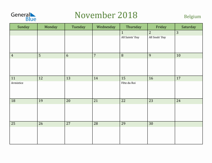 November 2018 Calendar with Belgium Holidays