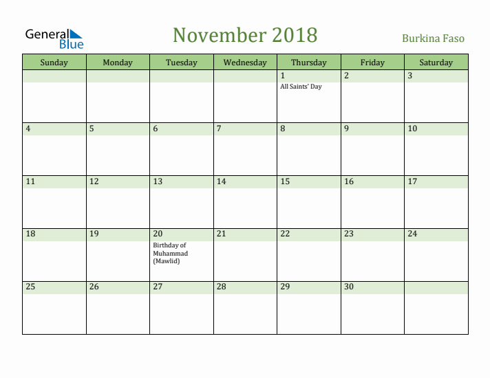 November 2018 Calendar with Burkina Faso Holidays