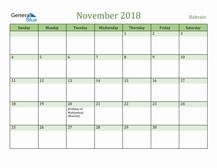 November 2018 Calendar with Bahrain Holidays