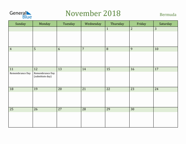 November 2018 Calendar with Bermuda Holidays