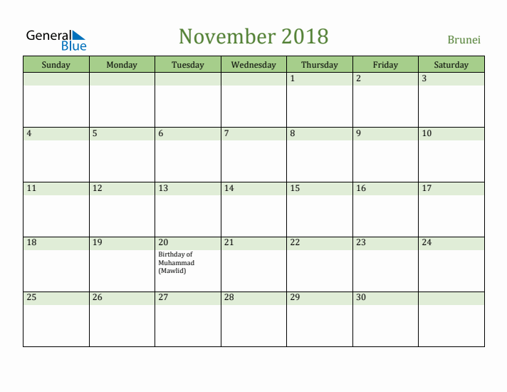November 2018 Calendar with Brunei Holidays