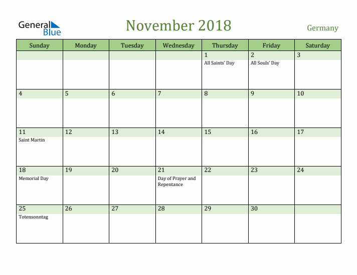 November 2018 Calendar with Germany Holidays