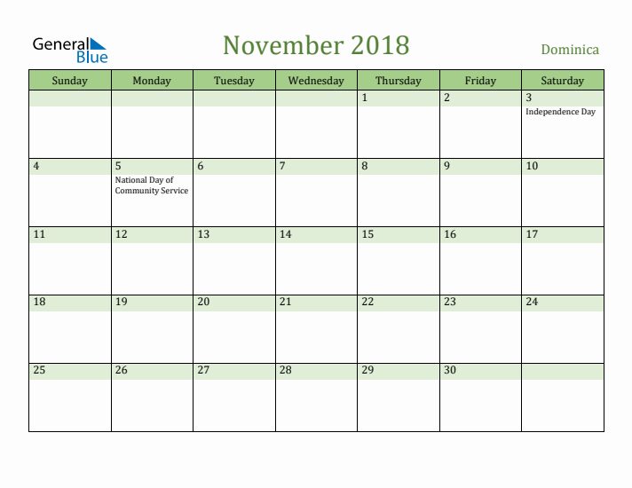 November 2018 Calendar with Dominica Holidays