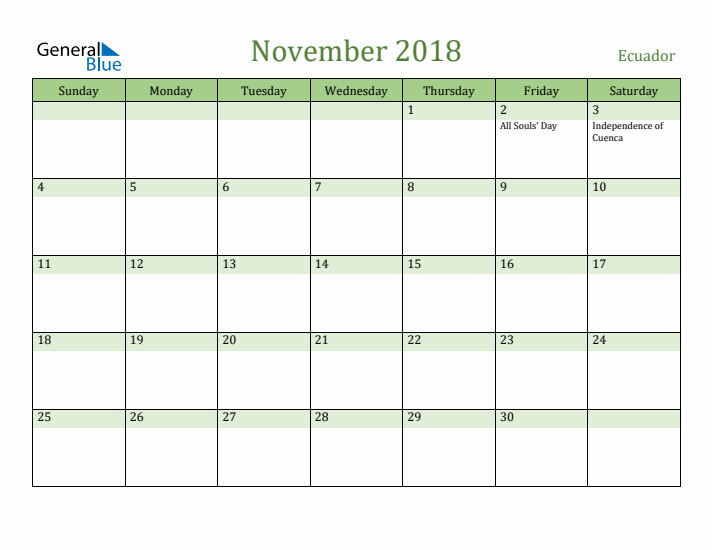 November 2018 Calendar with Ecuador Holidays
