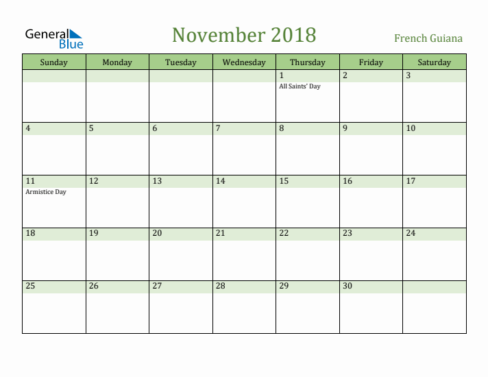November 2018 Calendar with French Guiana Holidays