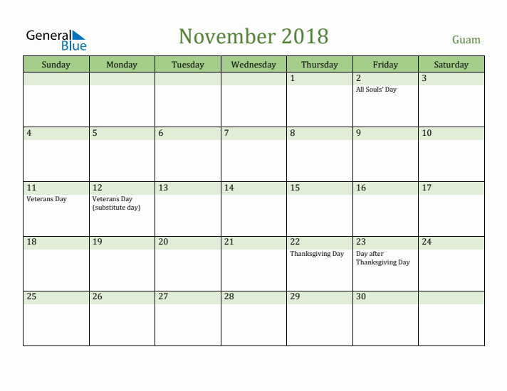 November 2018 Calendar with Guam Holidays
