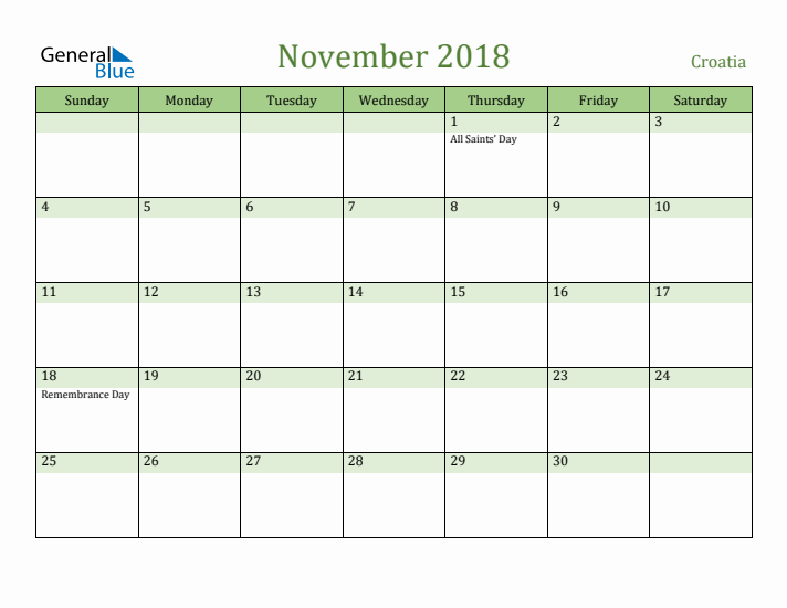 November 2018 Calendar with Croatia Holidays