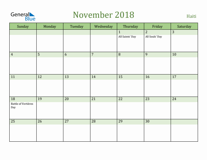 November 2018 Calendar with Haiti Holidays