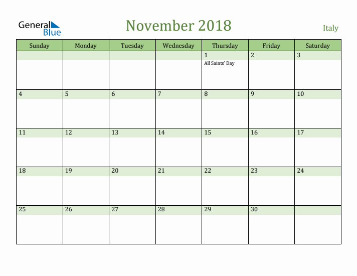 November 2018 Calendar with Italy Holidays