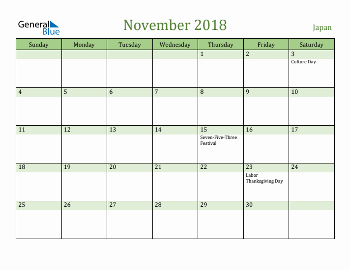 November 2018 Calendar with Japan Holidays