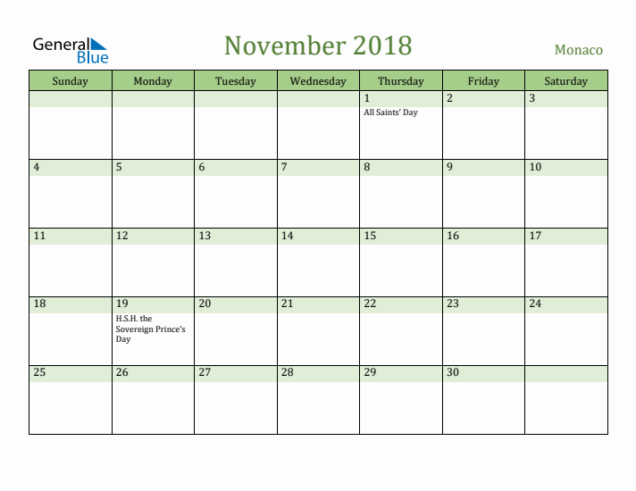 November 2018 Calendar with Monaco Holidays