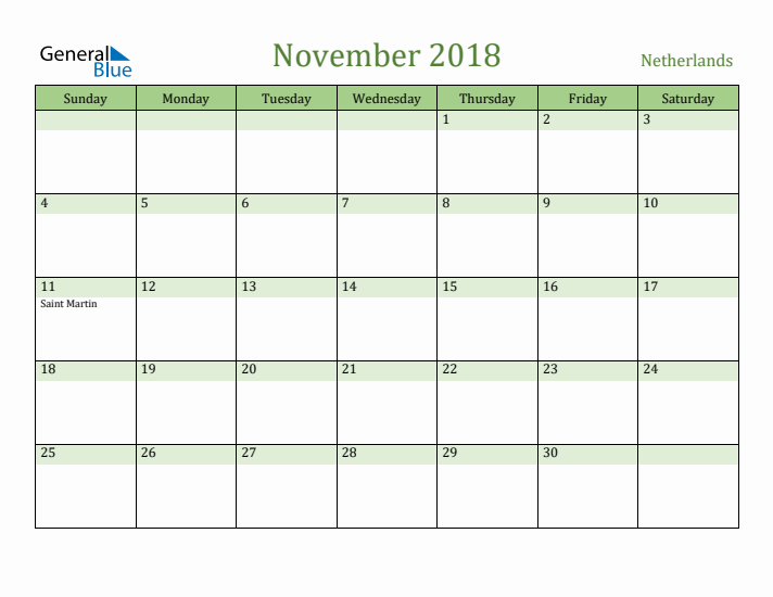 November 2018 Calendar with The Netherlands Holidays
