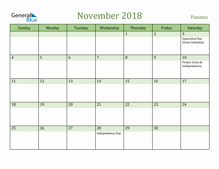 November 2018 Calendar with Panama Holidays
