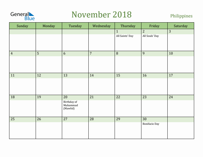 November 2018 Calendar with Philippines Holidays