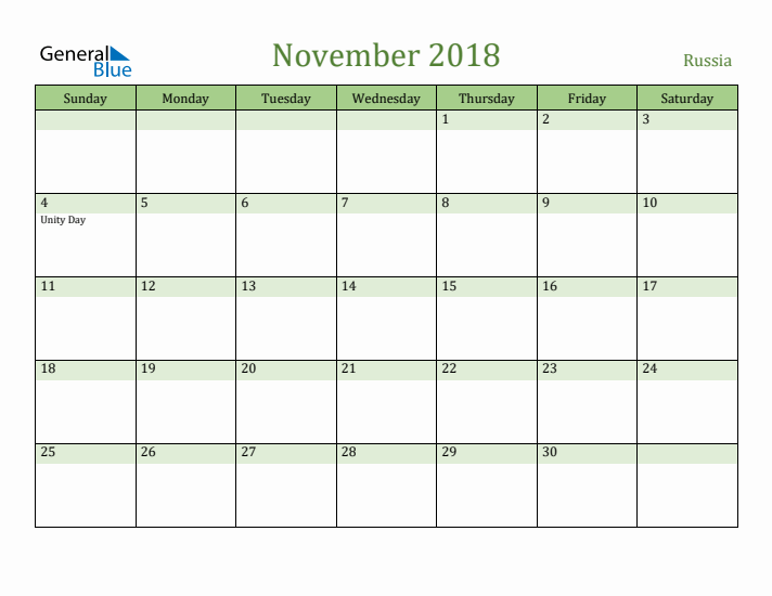 November 2018 Calendar with Russia Holidays