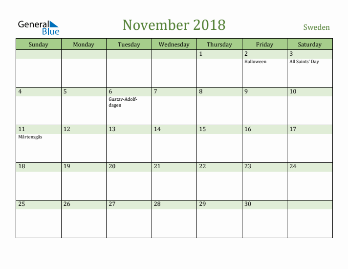 November 2018 Calendar with Sweden Holidays