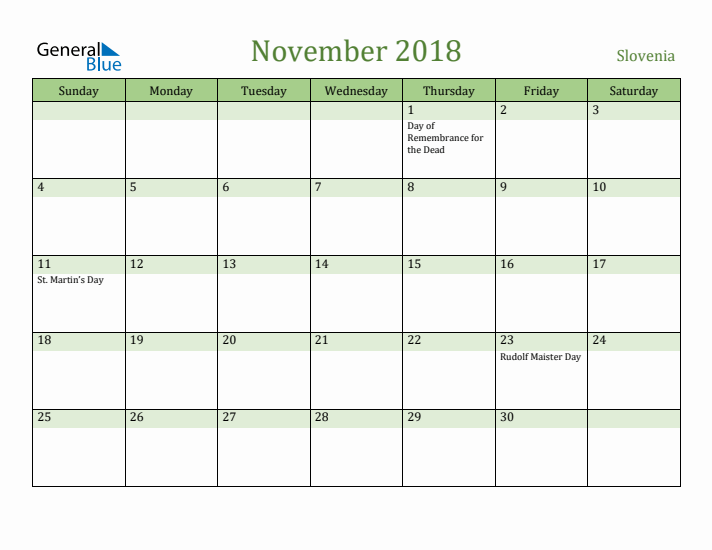 November 2018 Calendar with Slovenia Holidays
