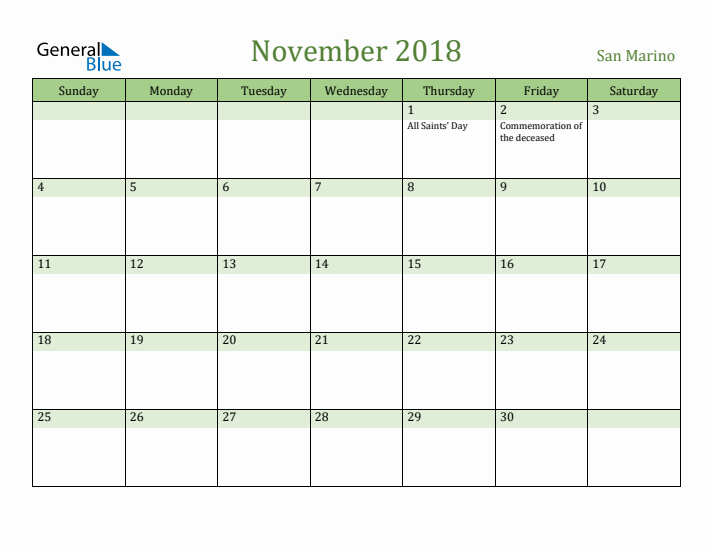 November 2018 Calendar with San Marino Holidays