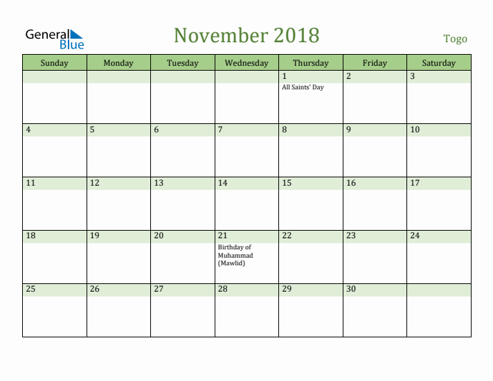 November 2018 Calendar with Togo Holidays