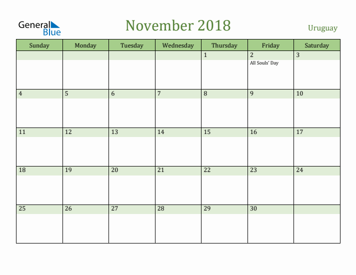 November 2018 Calendar with Uruguay Holidays