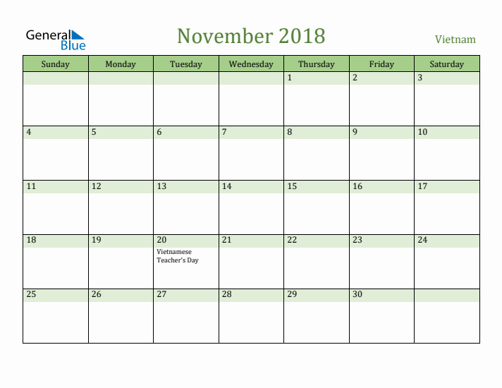 November 2018 Calendar with Vietnam Holidays