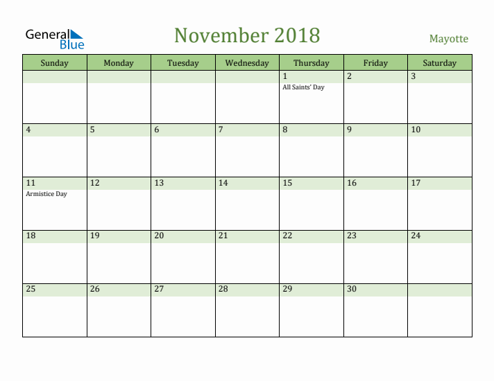 November 2018 Calendar with Mayotte Holidays