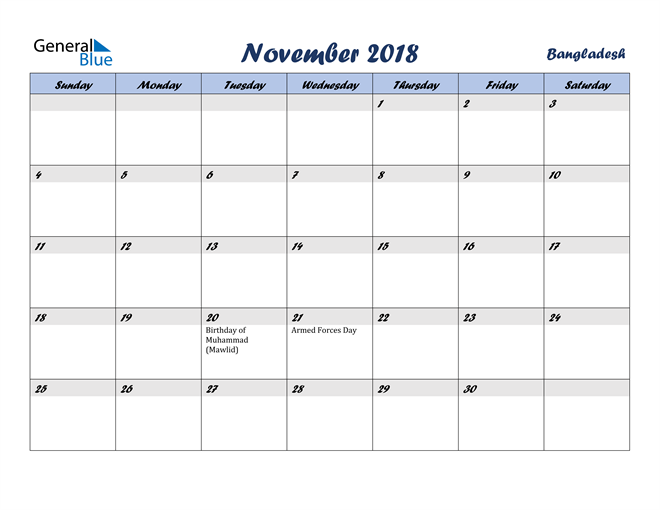 November 2018 Calendar with Holidays