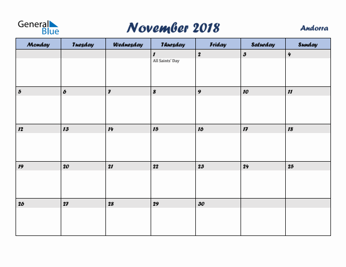 November 2018 Calendar with Holidays in Andorra