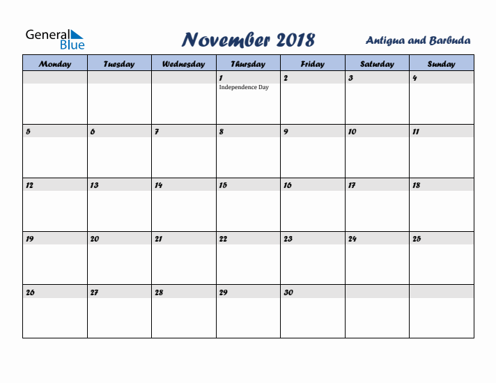 November 2018 Calendar with Holidays in Antigua and Barbuda
