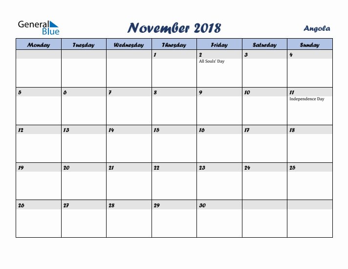 November 2018 Calendar with Holidays in Angola