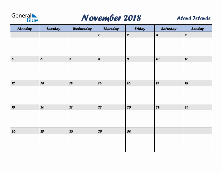 November 2018 Calendar with Holidays in Aland Islands