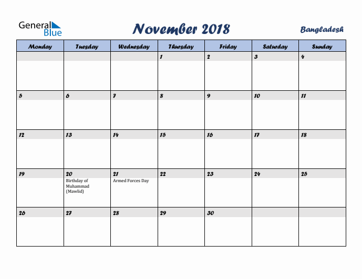November 2018 Calendar with Holidays in Bangladesh