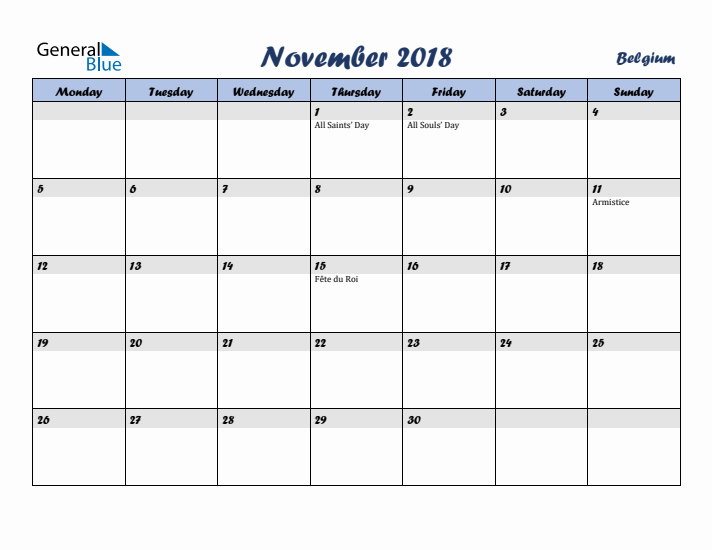 November 2018 Calendar with Holidays in Belgium