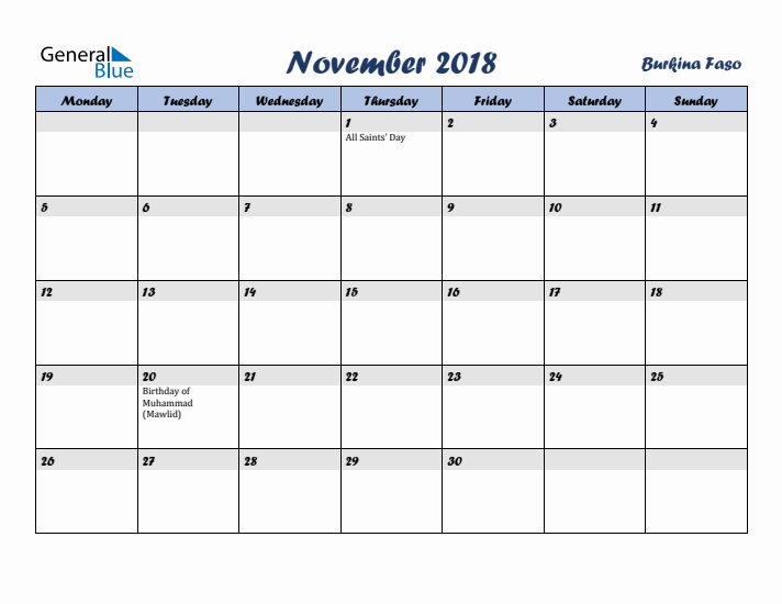 November 2018 Calendar with Holidays in Burkina Faso