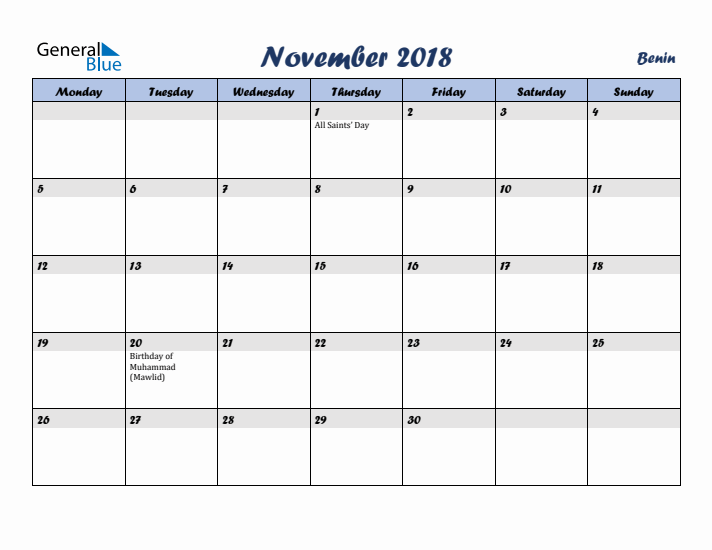 November 2018 Calendar with Holidays in Benin