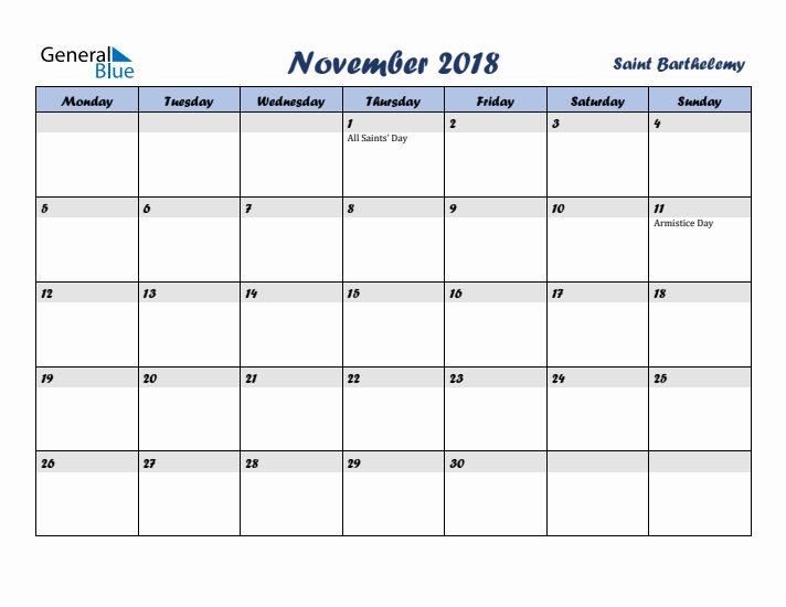 November 2018 Calendar with Holidays in Saint Barthelemy