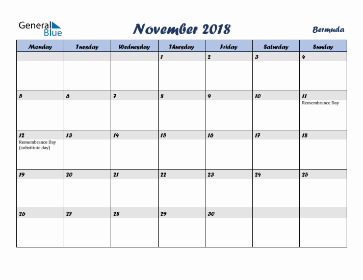 November 2018 Calendar with Holidays in Bermuda
