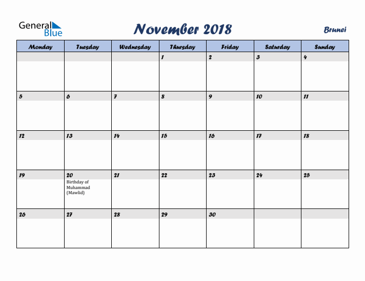 November 2018 Calendar with Holidays in Brunei