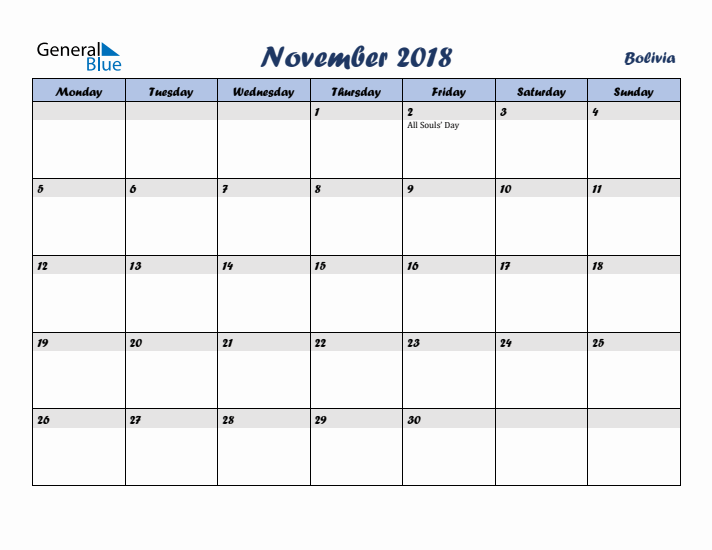 November 2018 Calendar with Holidays in Bolivia