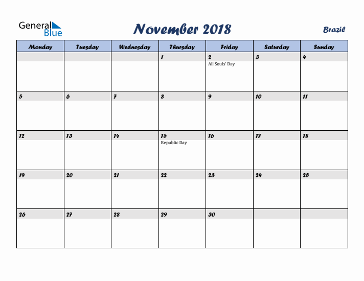 November 2018 Calendar with Holidays in Brazil