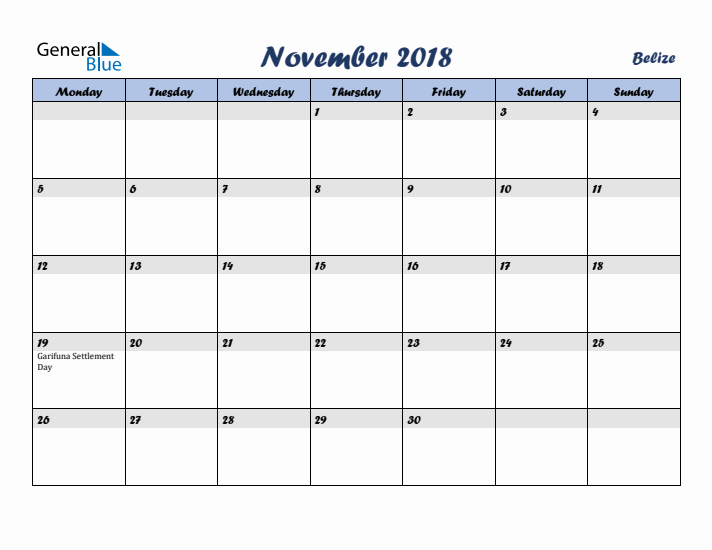 November 2018 Calendar with Holidays in Belize