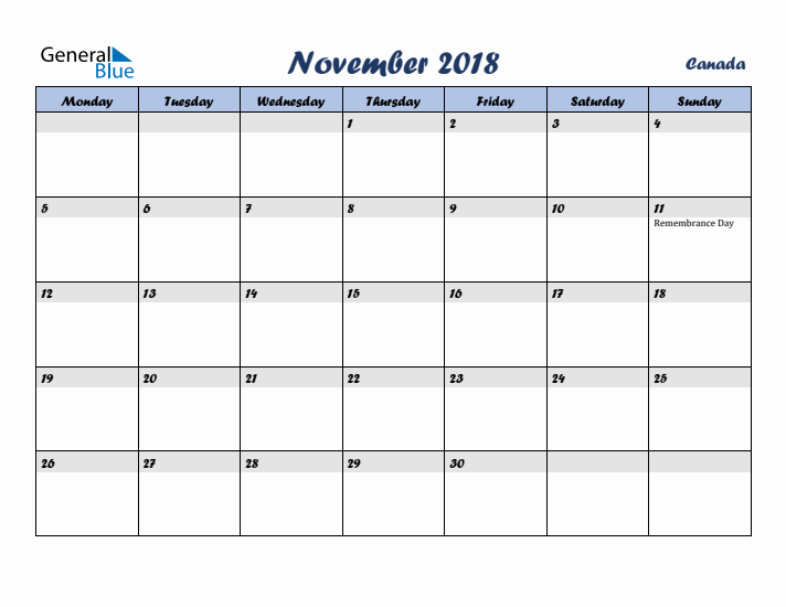 November 2018 Calendar with Holidays in Canada