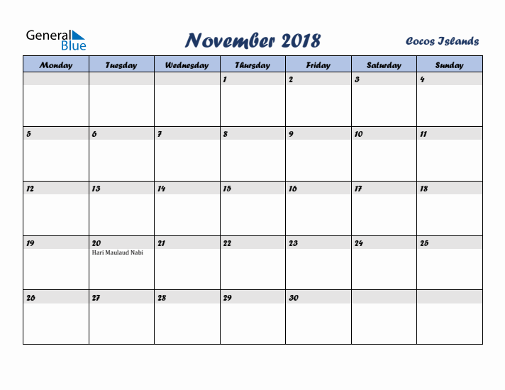 November 2018 Calendar with Holidays in Cocos Islands