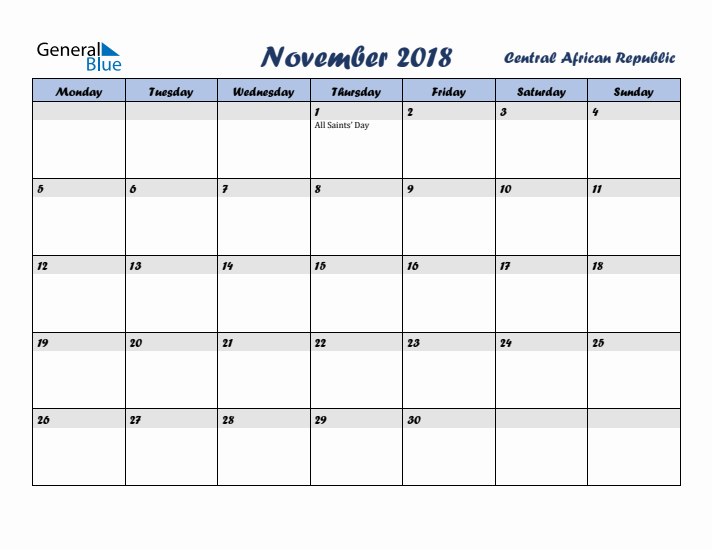 November 2018 Calendar with Holidays in Central African Republic
