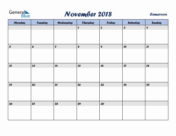 November 2018 Calendar with Holidays in Cameroon