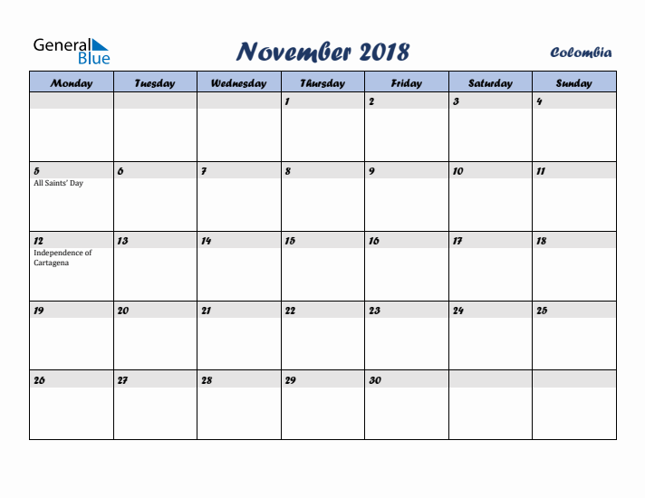 November 2018 Calendar with Holidays in Colombia