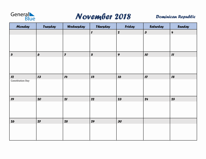 November 2018 Calendar with Holidays in Dominican Republic