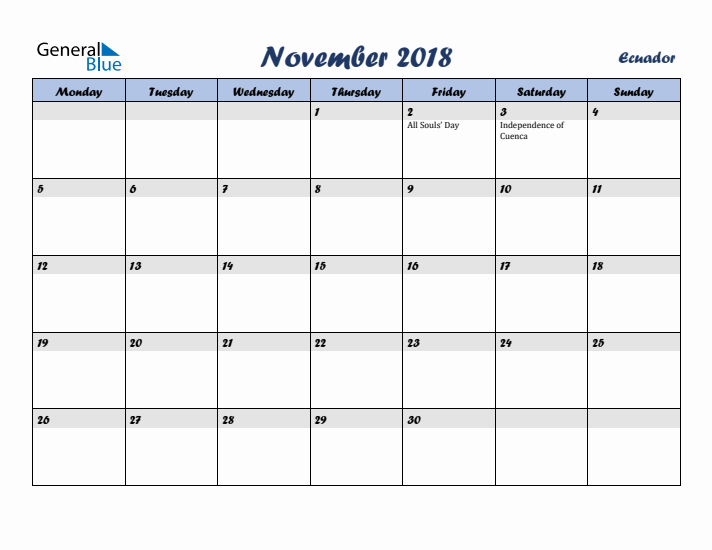November 2018 Calendar with Holidays in Ecuador