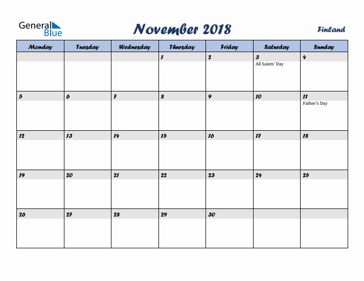 November 2018 Calendar with Holidays in Finland