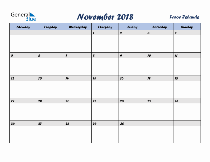 November 2018 Calendar with Holidays in Faroe Islands